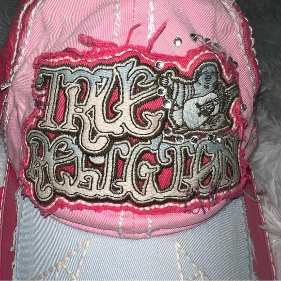 VTG True Religion Embellished Embroidered Cap Hat Buddha Retro Pink One Size - Picture 7 of 10